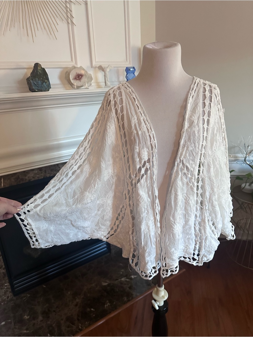 White Crochet Open-Front Kimono Cardigan